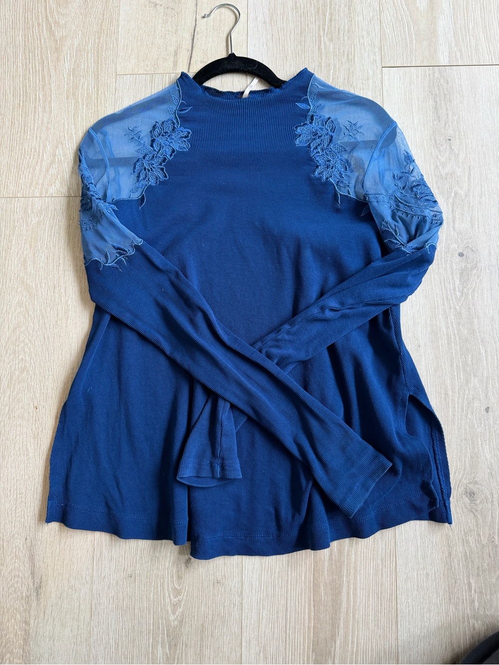 Free People Navy Long-Sleeve Floral Mesh Yoke Top, Size XS (runs large),Like New